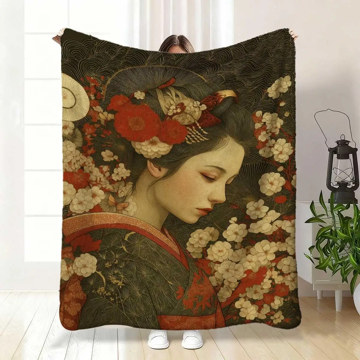 Retro Japanese geisha style Flannel printed blanket suitable for all seasons suitable for living room office sofa and travel