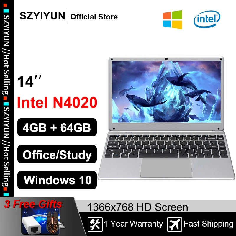 14 inch Laptop Intel N4020 Lightweight Ultra-Thin 4G+64G Windows 10 Office Ultrabook Portable PC Computer WiFi Small Notebook