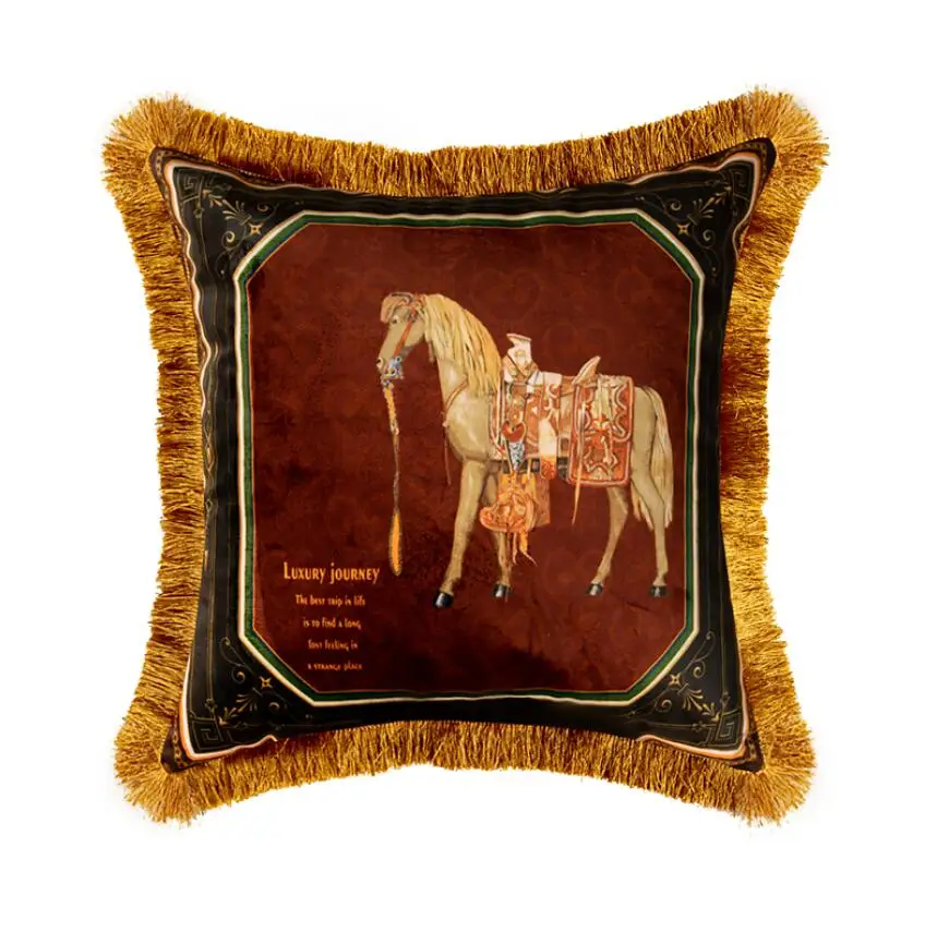 French Luxury Velvet  Cushion Cover Tassels Horse Printed Home Sofa Pillowcase For Living Room Bedroom Cushion Throw 45cm Size