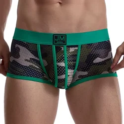 Bóxer de malla transpirable para Hombre, ropa interior Sexy de algodón con bolsa convexa en U, color verde camuflaje