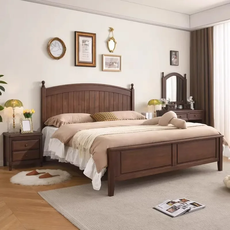 American simple solid wood double master bedroom light luxury hard marriage small apartment high box drawer storage furniture