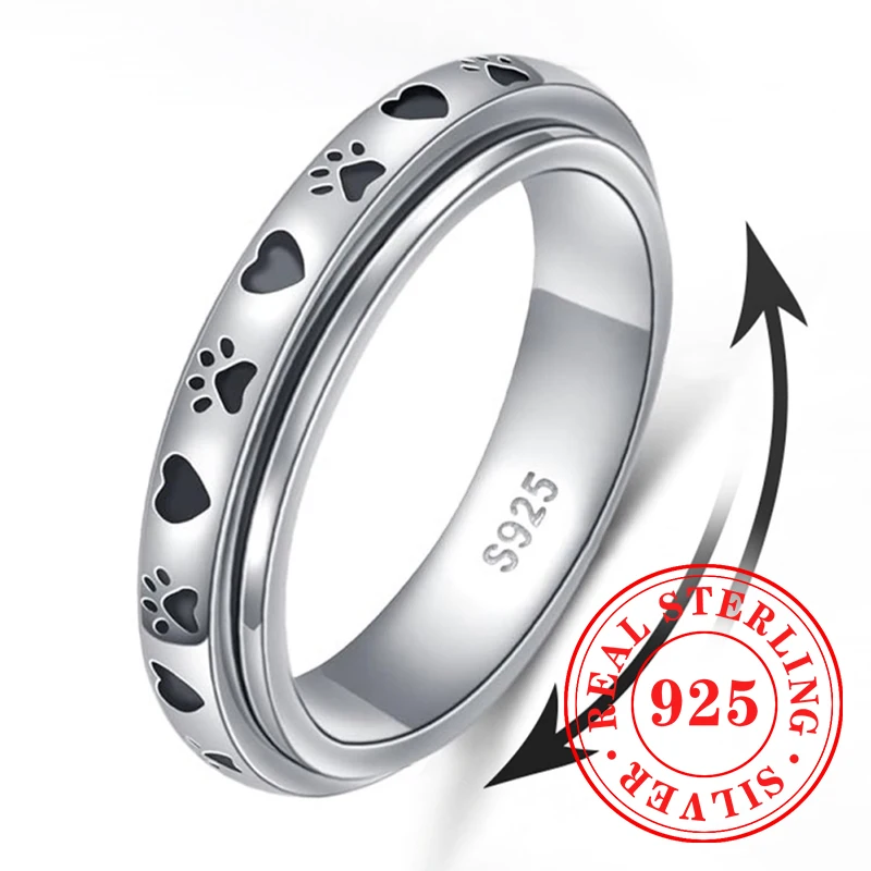 

Huitan Footprint Heart Pattern Rings 925 Sterling Silver Girls Cute Finger Accessories for Women Temperament Rotatable Jewelry