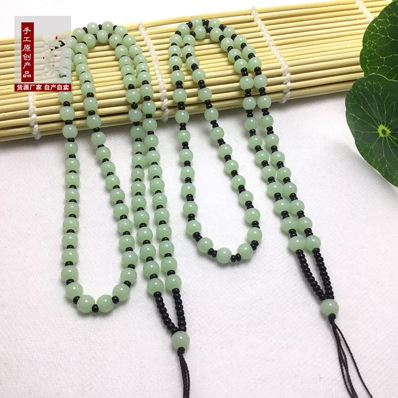 Factory Direct Supply Full Jade Beads Bead Necklace Pendant Rope6mmBead Green White Glass round Beads Hand-Woven Lanyard