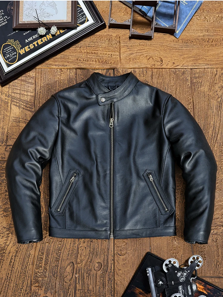 

100% Genuine Leather Jacket Men Top Layer Cowhide Jacket Spring Autumn Round Neck Casual Zipper Pocket Jacket Trend