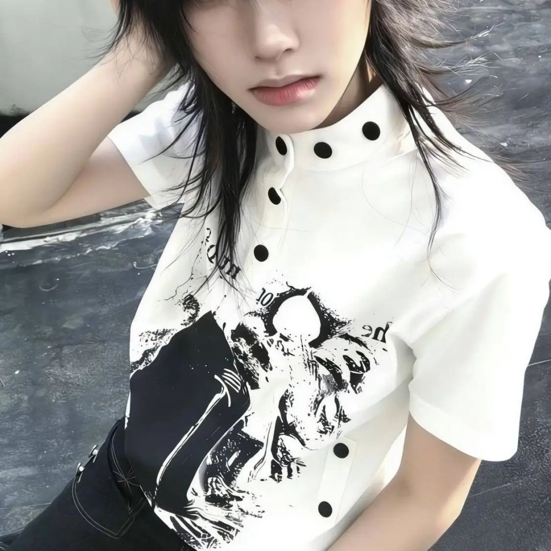 y2k Henry collar short-sleeved summer new castle print T-shirt men's and women's visual niche wear top