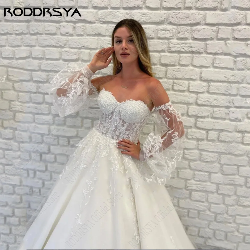 RODDRSYA Afneembare Mouwen Sweetheart Bruidsjurk Voor Vrouw A-Lijn Applique Lace Up Vestidos De Novia TulRODDRSYA afneembare mouwen Sweetheart trouwjurk voor vrouw A-lijn applique veters de Novia Tulle terug bruidsjurk