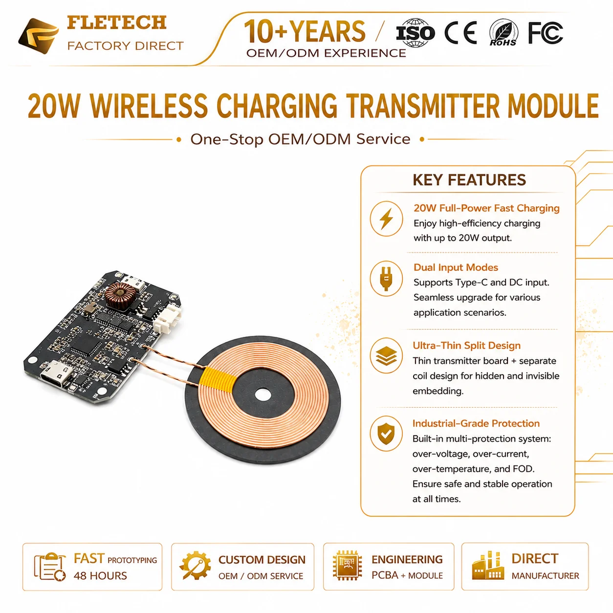 

20W QI Fast Wireless Charger Module Transmitter PCBA Circuit Board Coil DIY Type-C MICRO-USB Port