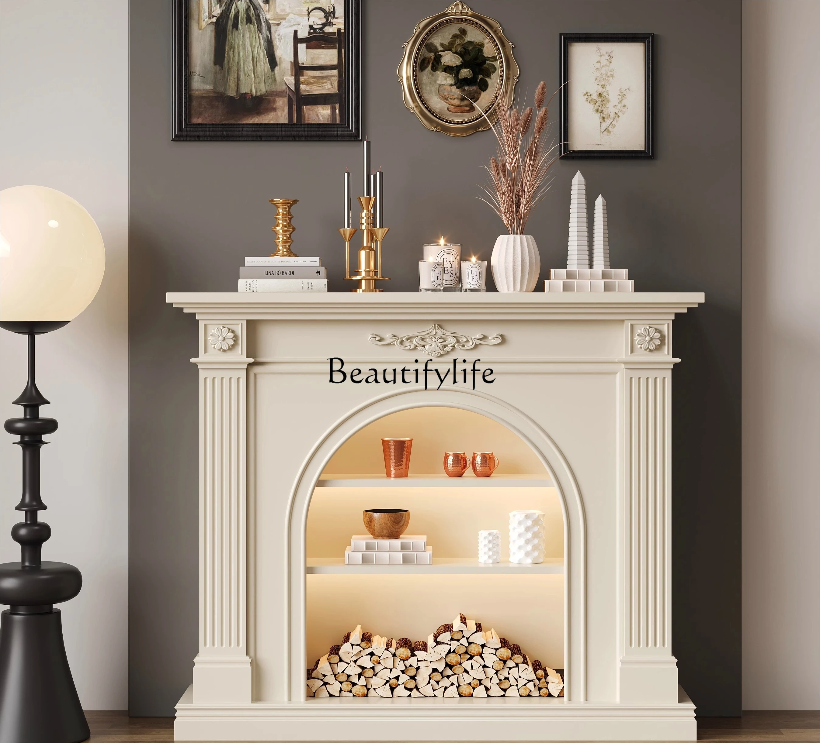 

jj *French solid wood fireplace European entrance American simulation fire fireplace TV cabinet customization