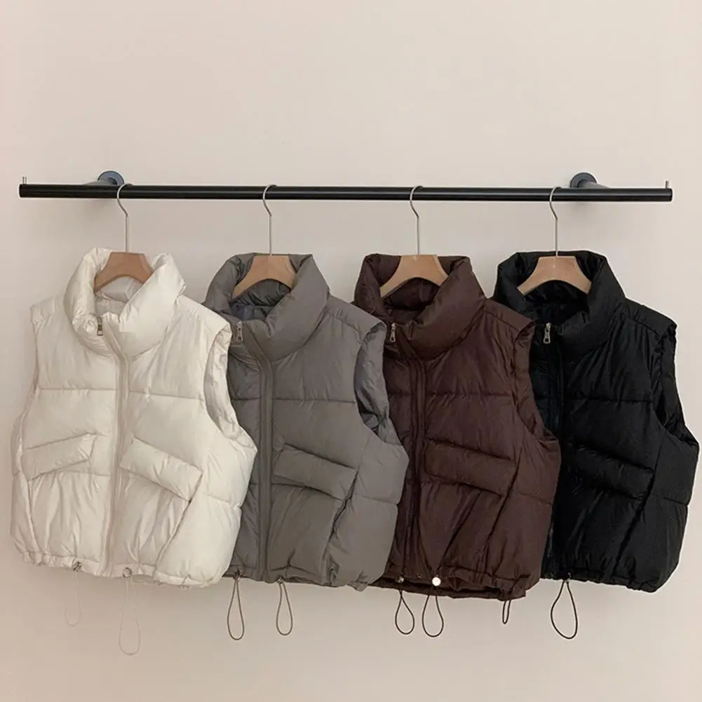 Women Vest Coat Stand Collar Sleeveless Zipper Placket Waistcoat with Pockets Drawstring Hem Loose Fit Solid Color Puffer Vest