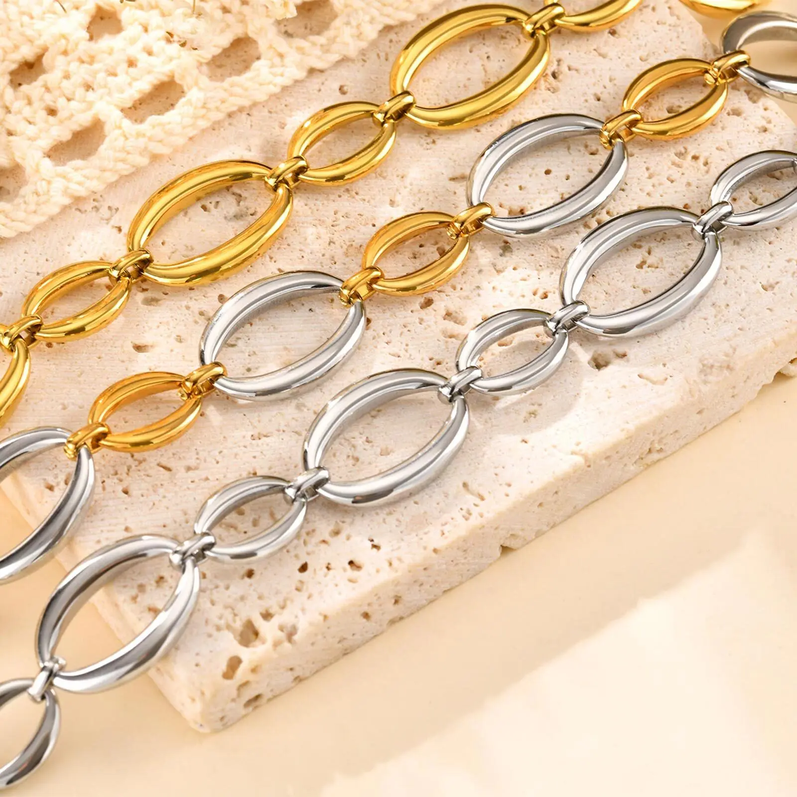Vnox Charms Big And Small Oval Chain Bracelets For Women Girls Stainless Steel Interwoven Gold Color Handmade Links Jewelry Gift