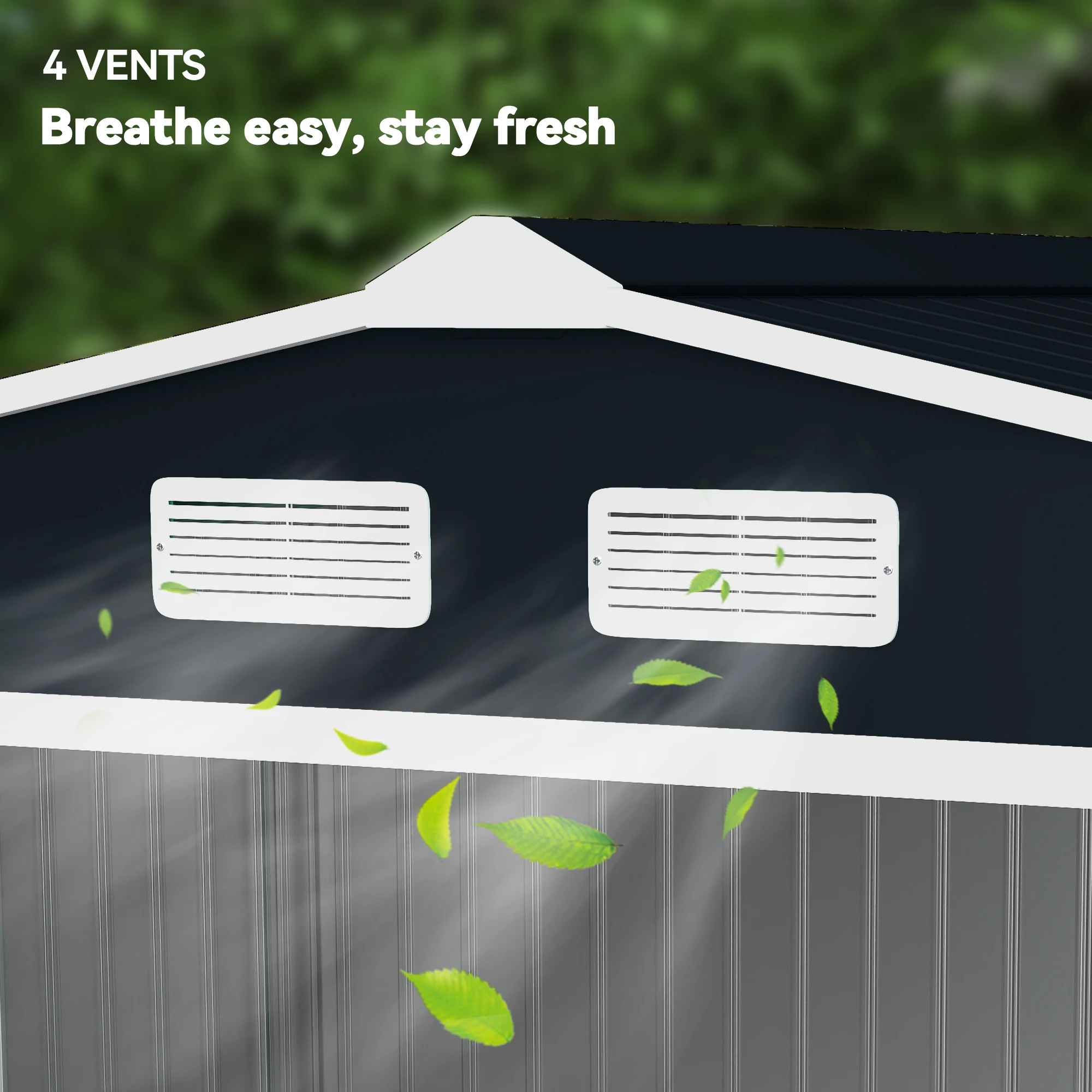 سقيفة حديقة معدنية من Outsunny مقاس 9 × 6 أقدام، منزل أدوات تخزين خارجي مع فتحات تهوية، مجموعة كريم أساس، رمادي داكن