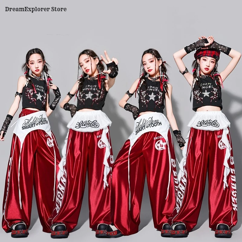 Girls Hip Hop Rhinestone Crop Top Sweat Pants Children K-pop Streetwear Girl Group Clothes Sets Kids Street Dance Jazz Costumes