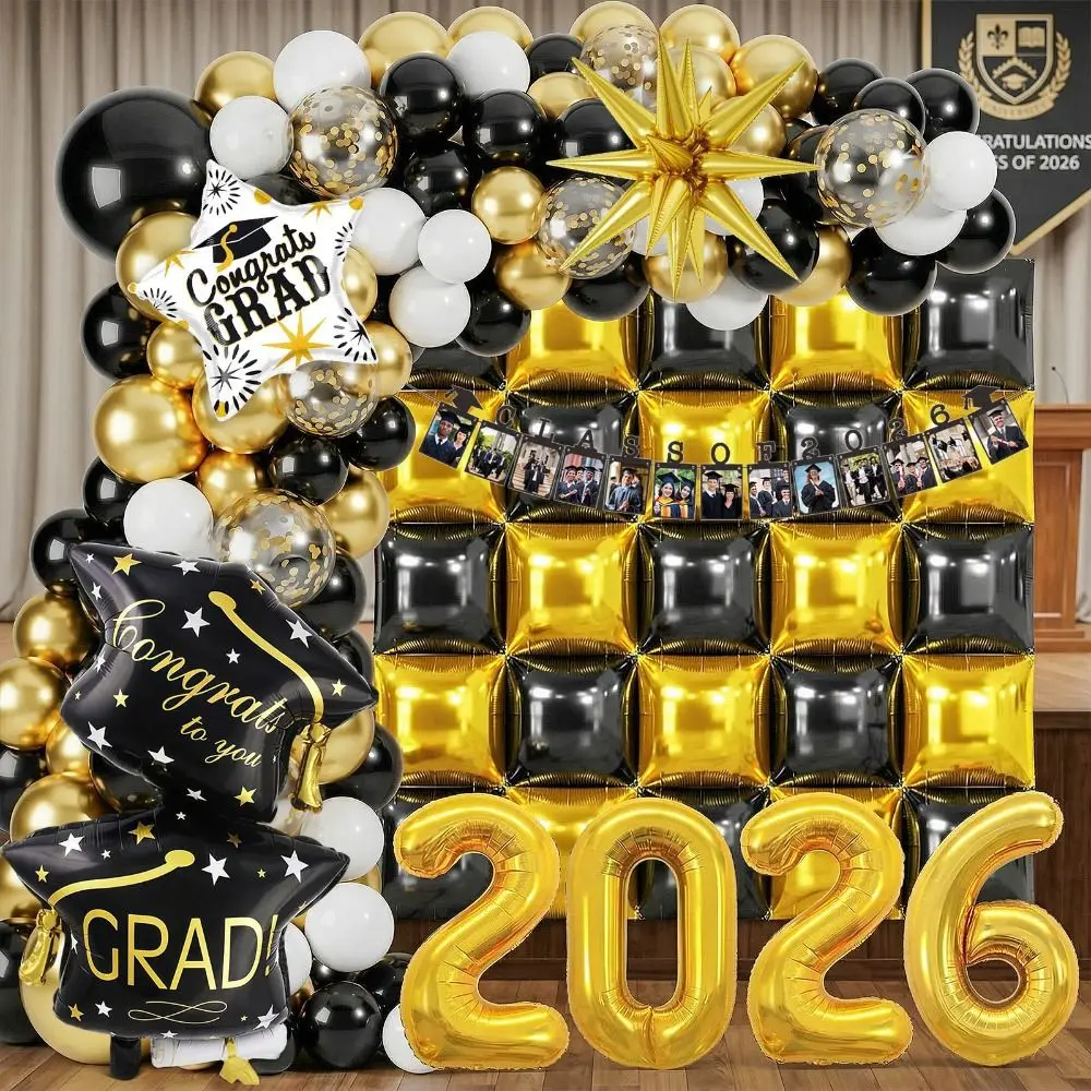 Black and Gold Graduation Decorations 120Pcs Explosion Star Balloon Arch Kit Confetti Balloons Backdrop Class of 2026 Balloons