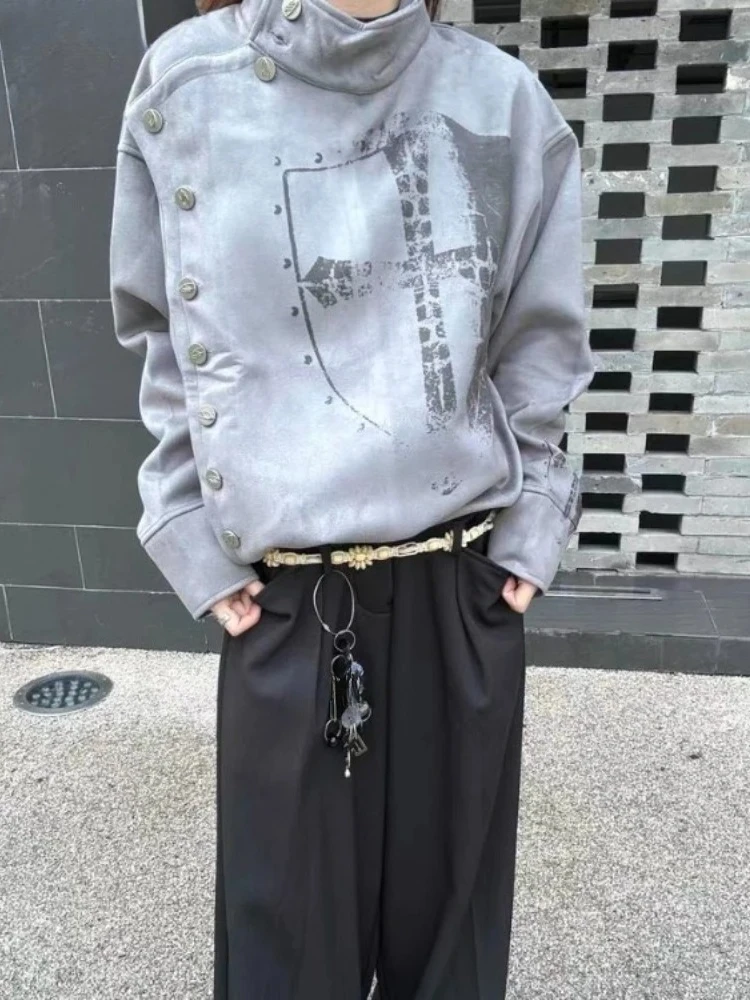 

Subculture Women Jackets Stand Necl Print Single Breasted Outwear 2000s Ropa Mujer Casual Fashion Korean Coats Harajuku Y2k Tops