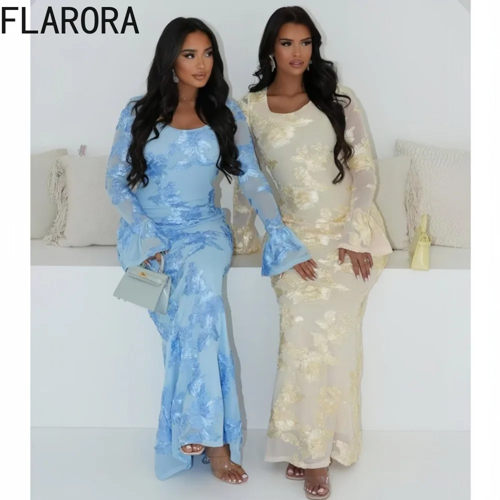 

FLARORA Elegant Flower Embroidered Bodycon Dresses Woman Round Neck Flare Sleeve Mesh Perspective Dress Party Wedding Vestidos