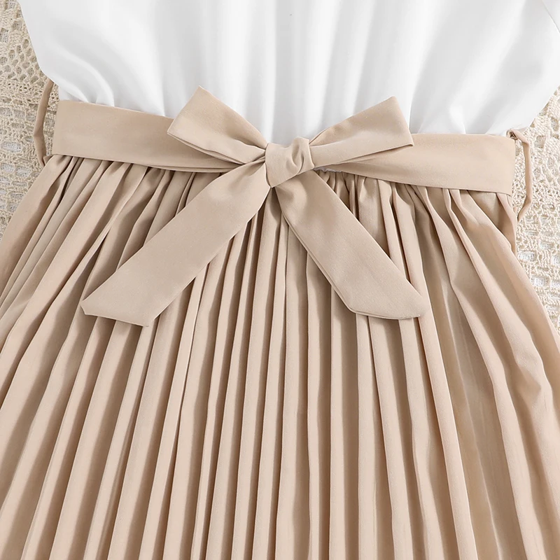 Kids Dresses for Girls 8-16 Years White Small Flying Sleeves Pleated Skirt Korean Style Elegant Daily Teenager Princess Dress