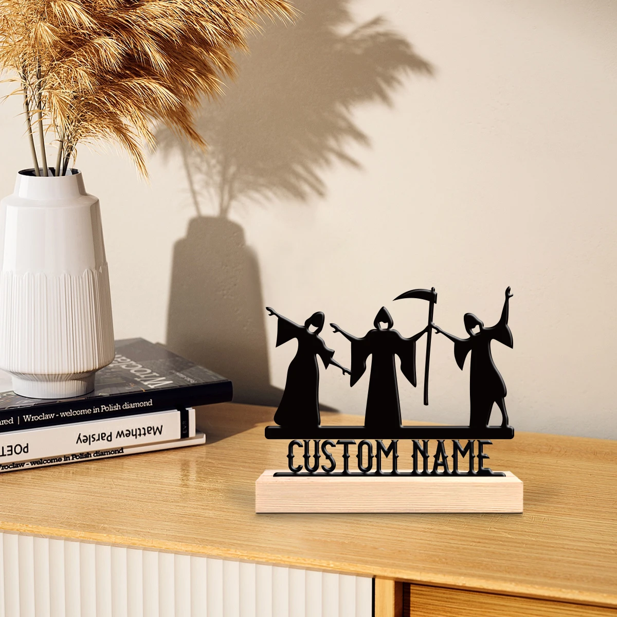 1pc Personalized Iron Desktop Ornament Customizable Name With Wooden Base Holiday Gifts for Family and Friends
