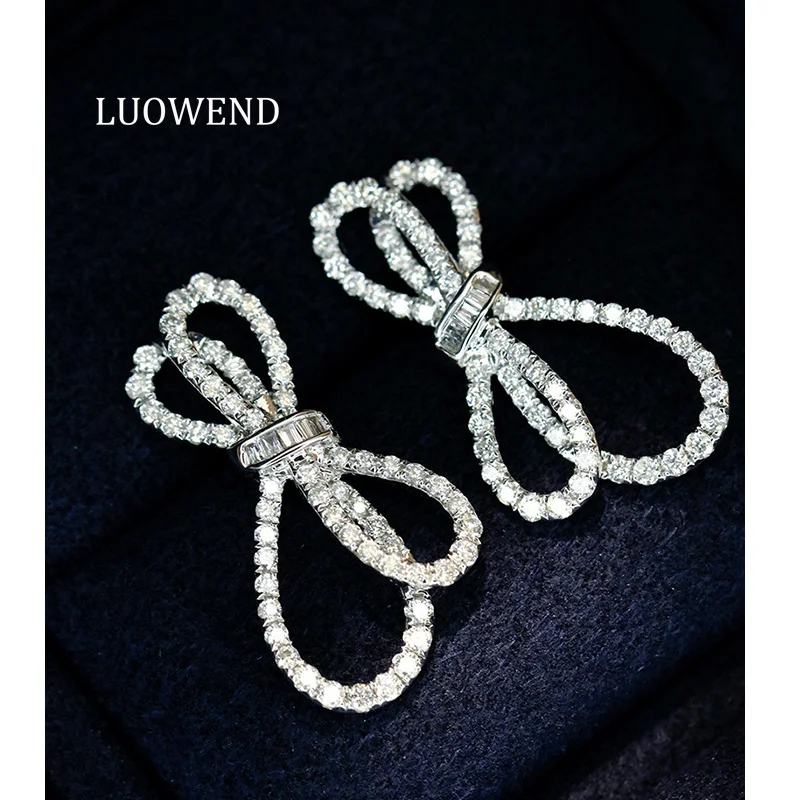 Pendientes LUOWEND 100% de oro blanco de 18 quilates, pendientes de lujo con forma de lazo, pendientes con diamantes naturales reales para mujer, joyería de alta calidad para fiestas