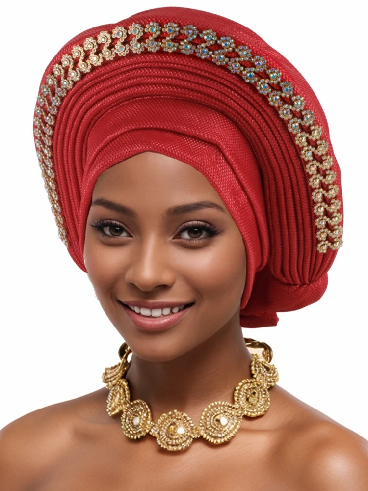 Nigerian Wedding Geles African Headtie Auto Gele Turbans For Women Aso Oke Fabric Muslim Headwear Headpiece Female Head Wraps