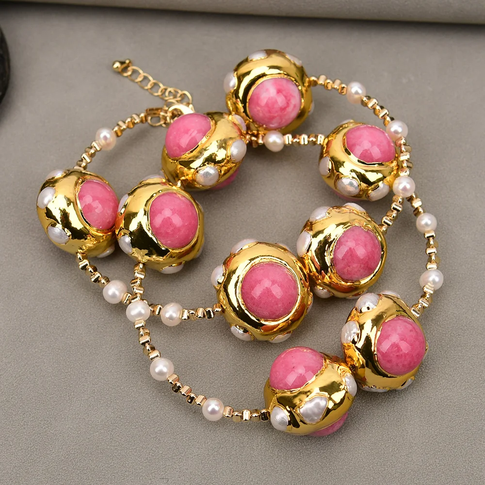 

G-G 18-дюймовое колье-чокер из натурального розового нефрита с культивированным белым жемчугом Кеши и золотыми бусинами