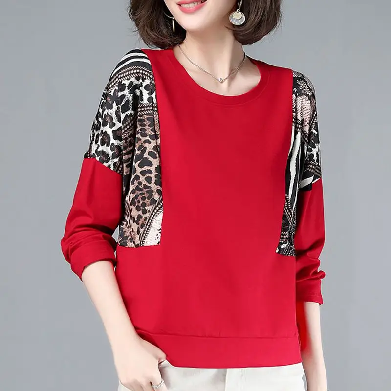 

Women's Clothing Leopard Patchwork Solid Color Pullovers Autumn Winter Casual Round Neck Commute Loose Long Sleeve T-shirt 2023