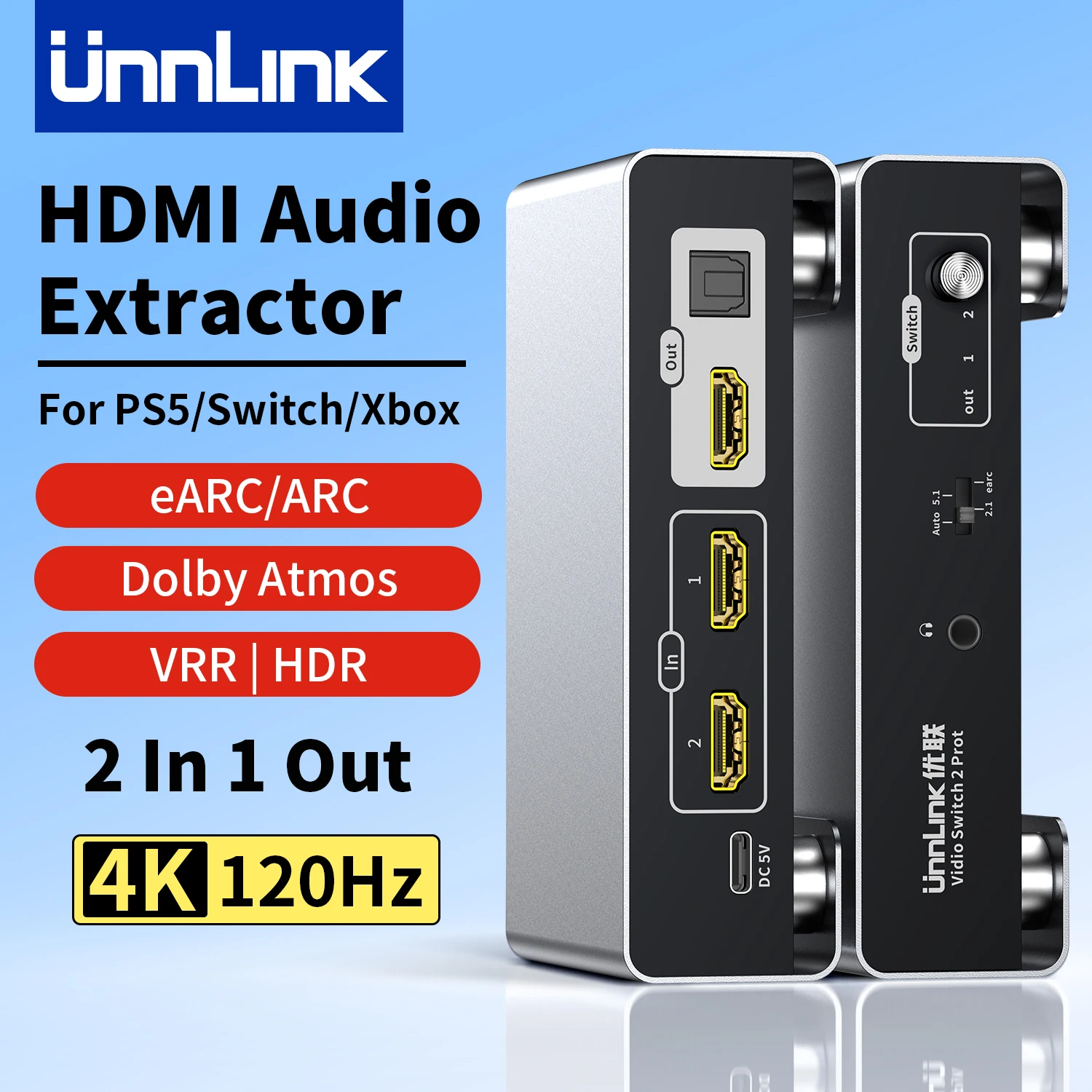 Unnlink EARC/ARC HDMI Audio Extractor 4K120Hz 2 In 1 Out Switch SPDIF 5.1 Optical Aux for PS5 PC to TV Monitor HDR Dolby Atmos