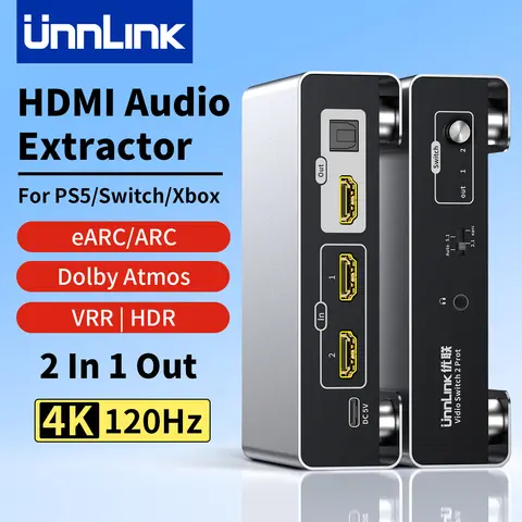Unnlink eARC/ARC Estrattore audio HDMI 4K120Hz 2 in 1 uscita Interruttore SPDIF 5.1 Aux ottico per PS5 PC a TV Monitor HDR Dolby Atmos