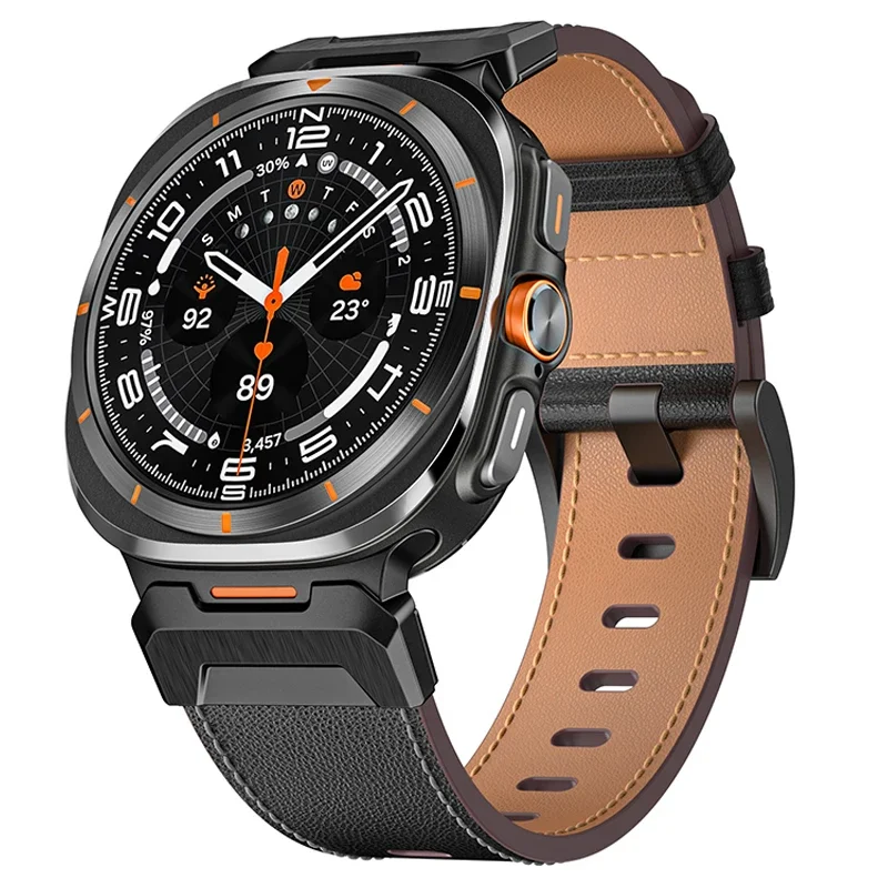 Pulseira de aço inoxidável e couro para relógio Samsung Galaxy, ultra, mecha estilo banda, sem lacunas, pulseira curva, 47mm