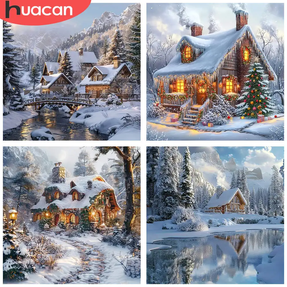 HUACAN 1 قطعة الماس اللوحة الشتاء المقصورة المشهد الثلجي المشهد 5D DIY بها بنفسك الماس طقم الطلاء الحفر الكامل فسيفساء الحرفية ديكور المنزل