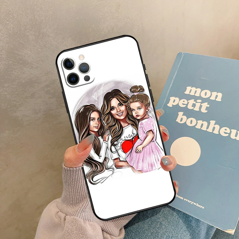 Schwarzbraune Haare Baby Mama Mädchen Sohn Hülle für iPhone 17 Air 15 14 13 12 11 16 Pro Max 13 Mini XR 15 16 Plus 16e Back Cover Shell