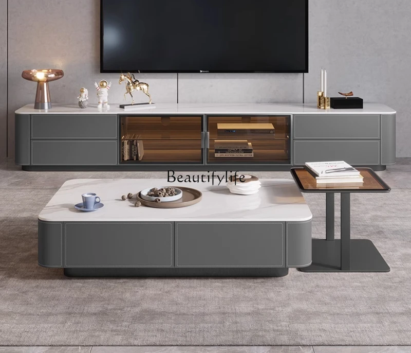 

Italian minimalist saddle leather TV cabinet coffee table stainless steel high-end rock slab floor cabinet