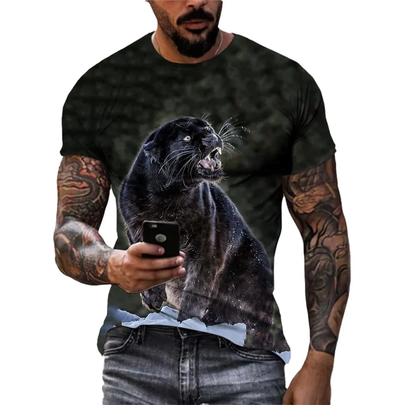 Summer New 3D Animal Panther Graphic T Shirts Men Fashion Casual Personality Street Style Print Round Neck Short Sleeve Tees Top