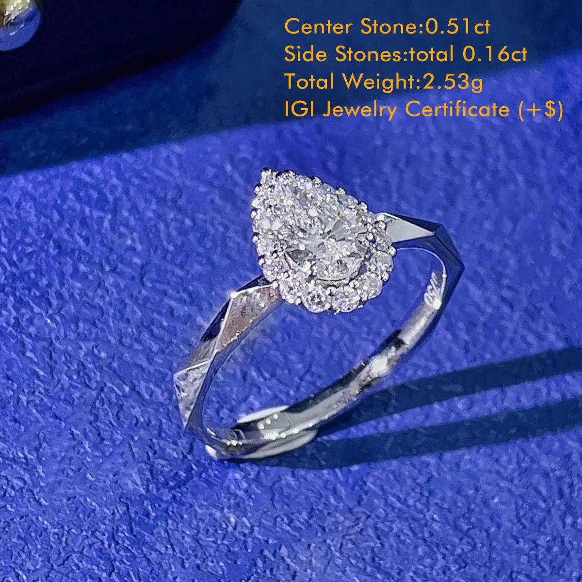 Pear Shaped Diamond Ring In 18K White Gold Faceted Band Lab Grown Diamond Ring Unique Shank Diamond Halo Ring For Engagement