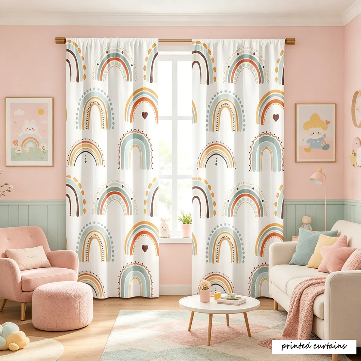 Blackout Curtain Nursery - 2 pieces of curtain fabric, rainbow