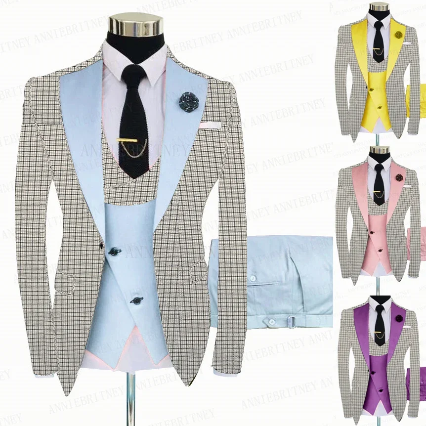 Traje a cuadros blanco y gris para hombre, traje de 3 piezas a medida, esmoquin para novio, traje de negocios ajustado, chaqueta, chaleco y pantalones