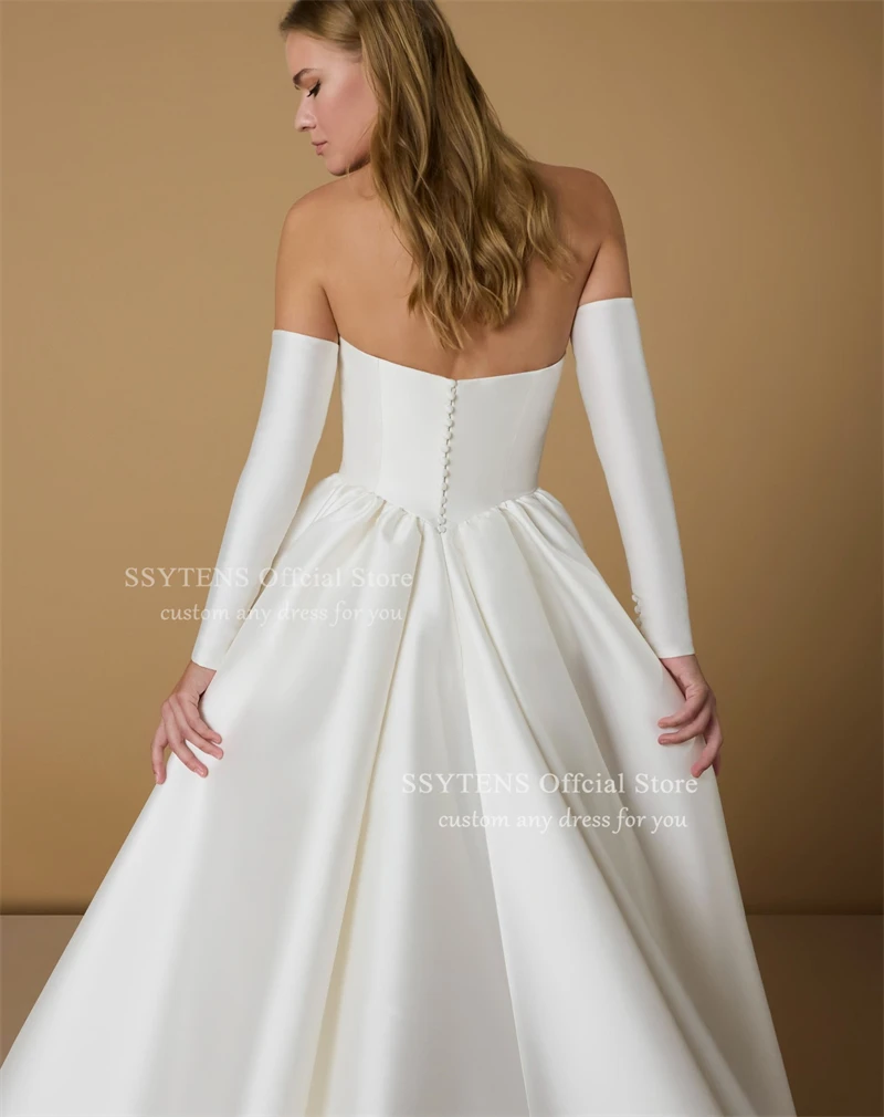 SSYTENS Weiße, anmutige Brautkleider mit hoher Taille, trägerlos, bodenlang, maßgeschneidertes Brautkleid, abnehmbare lange Ärmel, Brautkleider