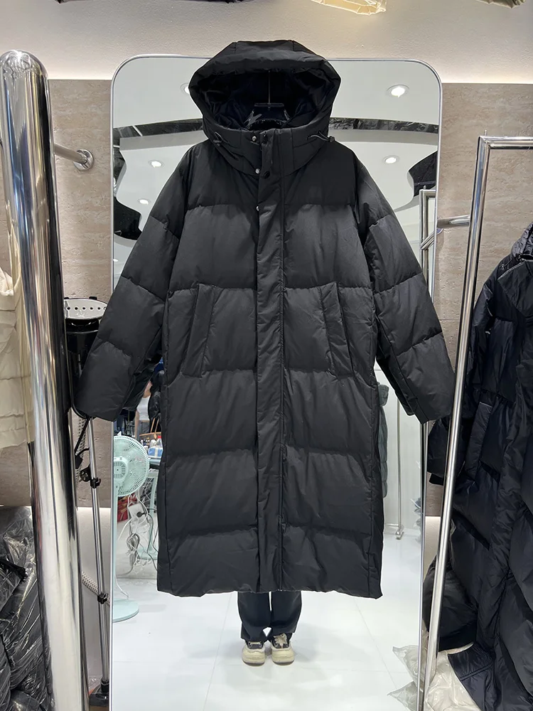 Vrouwen Dikker Effen Kleur Witte Eend Donsjacks Herfst Winter Losse Lange Capuchon Knie Over Rechte Buis Warme Jassen