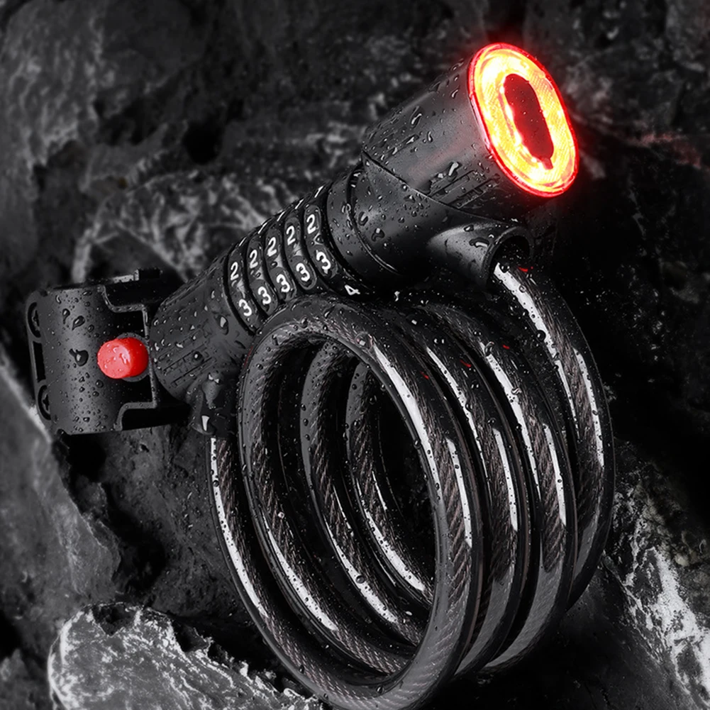 道路自転車盗難防止ロック-12-メートルスチールケーブル-5-桁コードパスワードロック-led-感知充電テールライト自転車ロック部品