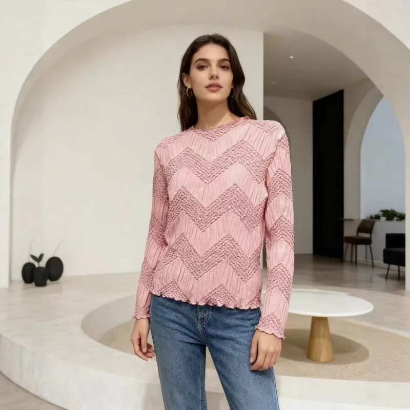 Miyake Pleated T-Shirt Plisse 2026 Autumn New Pleats Jacquard Wave Pattern Solid Long Sleeve Round Neck Slim Fit Women's Top