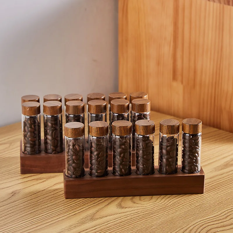 Coffee Beans Storage Container Display Rack Walnut Coffee Tea Tube Bottle Glass Espresso Coffee Accessories Tools Coffeware Sets