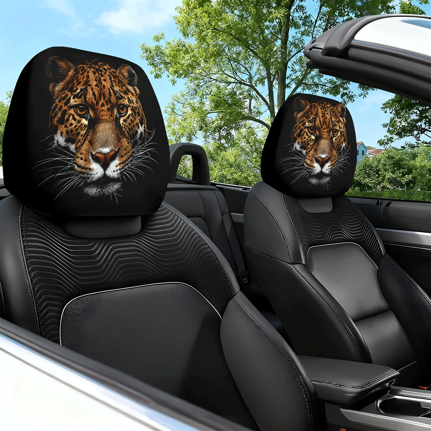 2pcs Spotted Leopard Eye Close-Up Theme Print Car Seat Cushion Headrest Neck Pillow Protector - Featuring a Cute Design - Car