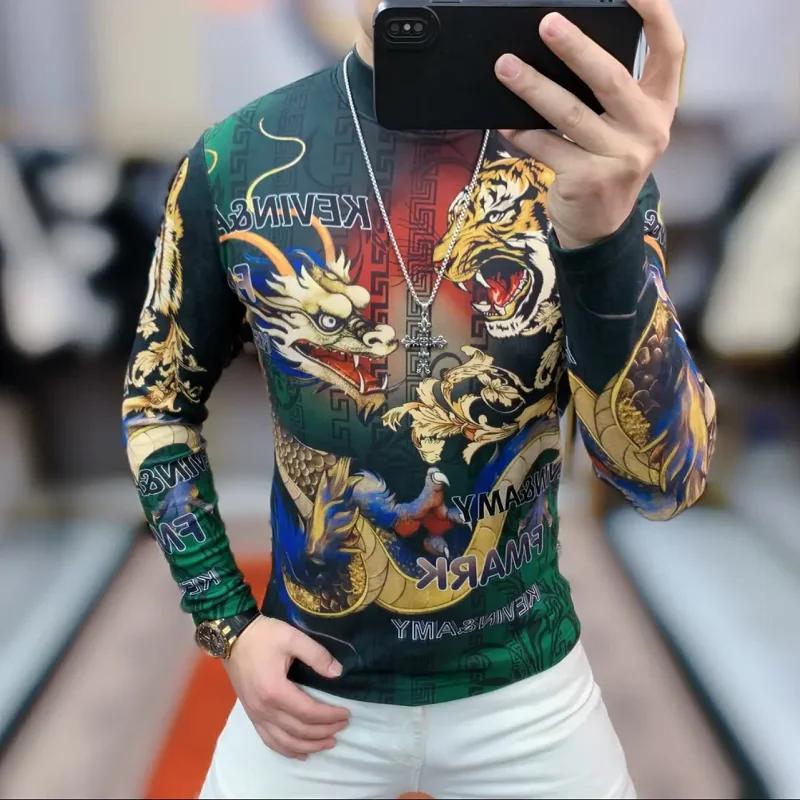 High-End Men's Long SleeveTT-shirt Mock Neck Hoodie Floral Cool Smart Dragon Pattern Trendy Base Shirt Youth Outerwear