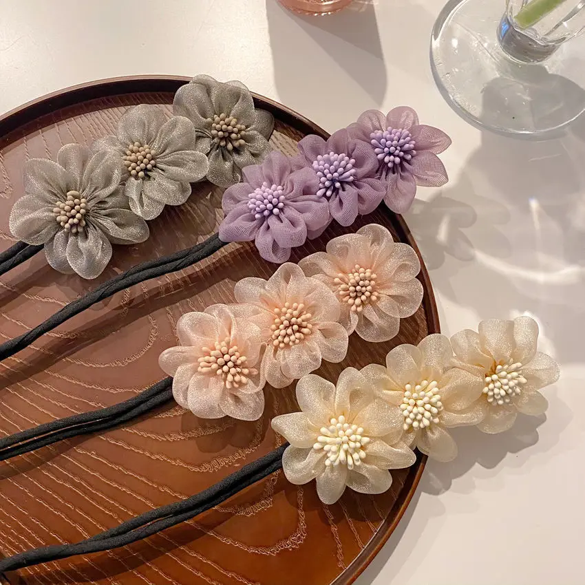 Women Bun Maker Maruko Hairstyles Elegant Bud Chiffon Flowers Making Long Tools Sweet Headband Hairbands Korean Hair Accessories