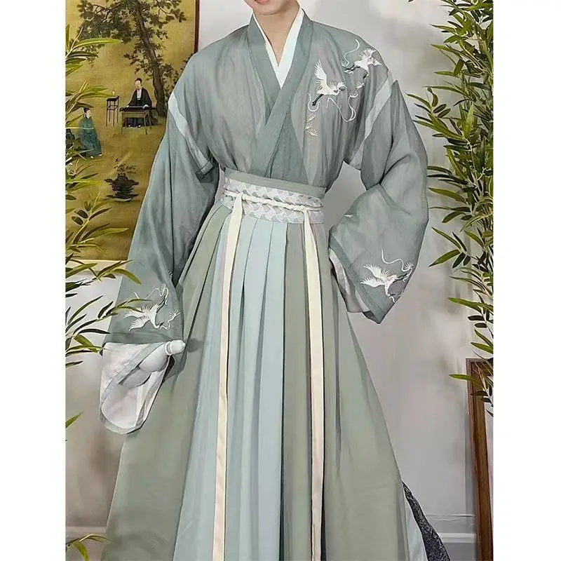 

Vintage Fresh Green Hanfu Men Women Traditional Chinese Weijin Period Clothing Carnival Event Stage Performance Suits Embroidery