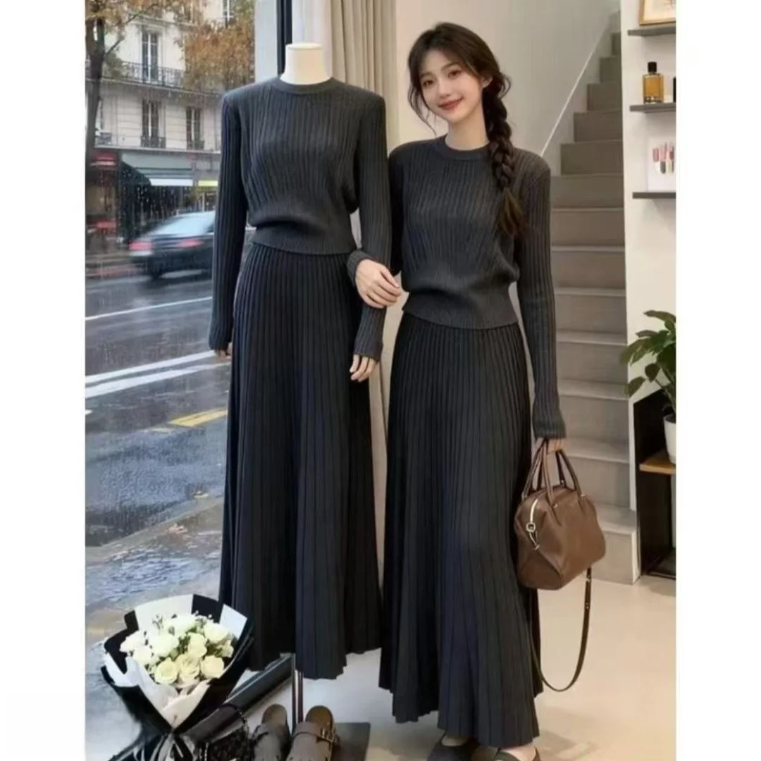 Koreanische Sle Hohe Taille Gestrickte runde Ne Gestreiften Top Und Rock Zwei Stück Set frauen Faion Herbst Winter Kollektion