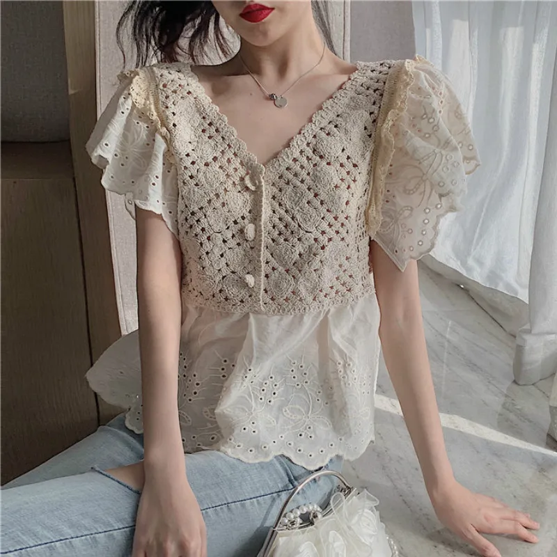 Blouses Women Sweet Floral Hollow Out Design Chic Popular Summer All-match Girls Blusas Top Lovely Vintage Basic Womens Shirts