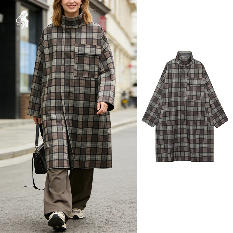 

Plaid Stand Collar Trench Coat For Women With Large Pockets Loose Fit Zipper Autumn And Winter Casual Work Jacket Woman Clothes