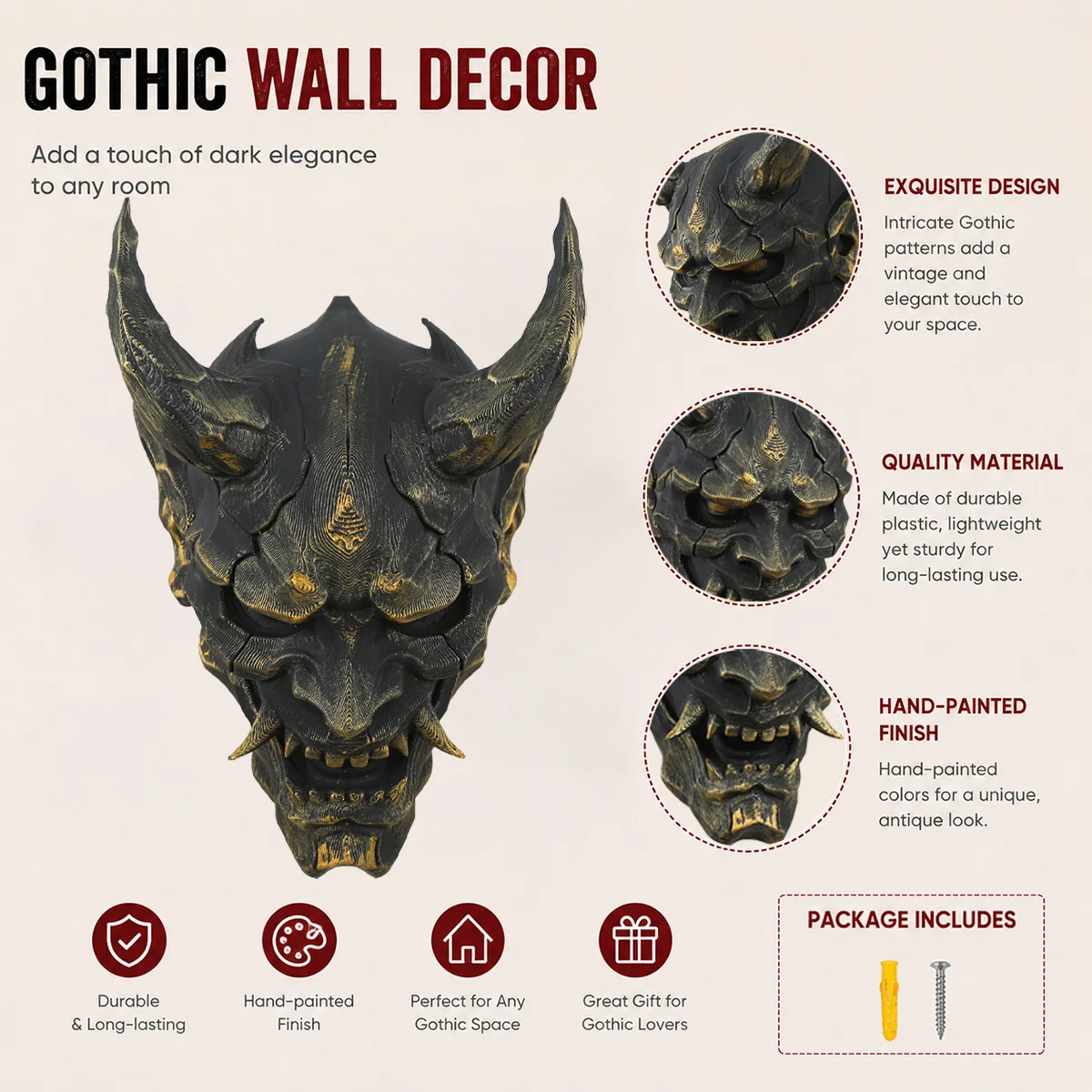 Cross-border Vintage Aged Black Gold Japanese Hannya Mask Wall Decor, Dark Style Oni Demon Face Wall Hanging Ornament