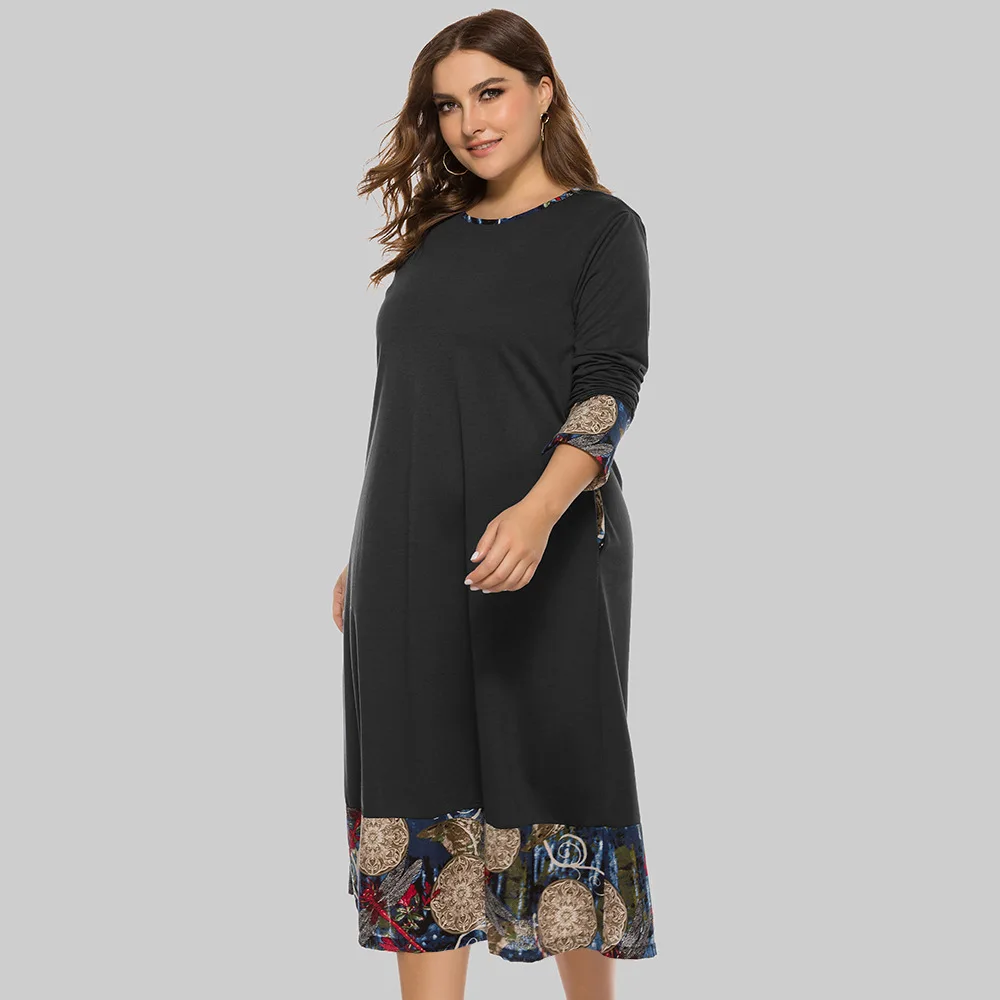 Robe de nuit mi-longue pour femme, style ethnique, grande taille, épissée, col rond, nouveau, printemps et automne, 2024, JR698