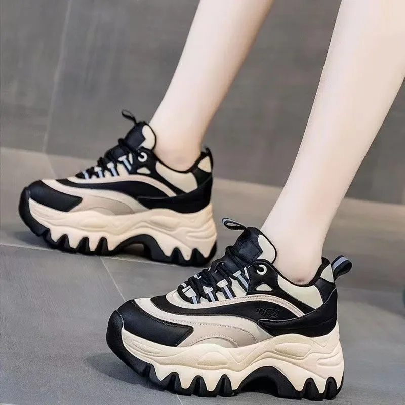 2024 Sneakers Women Casual White Shoes 8CM Fashion Height Increasing Thick Bottom Spring Platform Leather Woman Chunky Sneakers